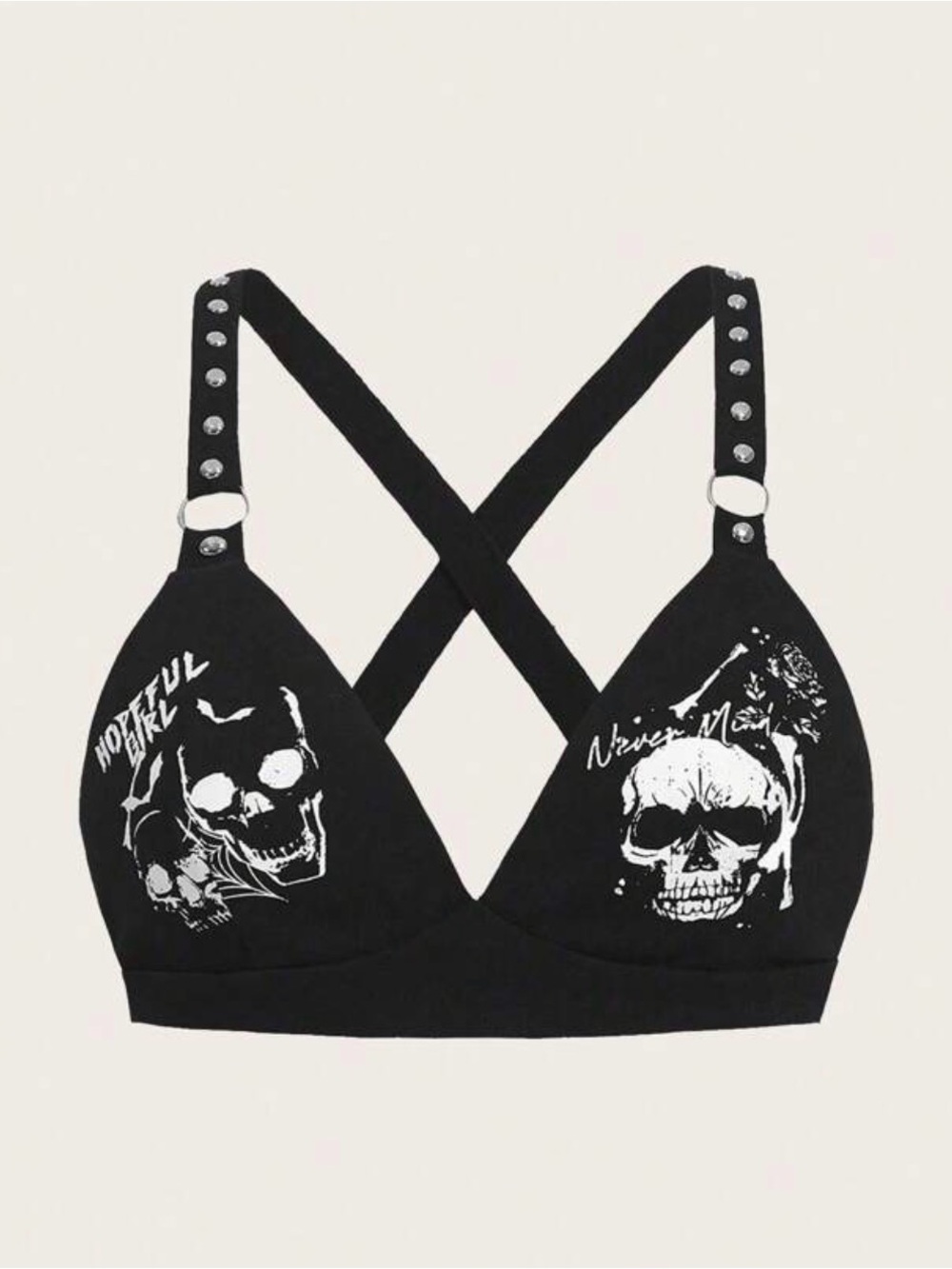 Black Skull Graphic Bralette with Studded Straps size Medium